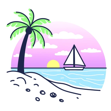 A tropical vacation poster showcases a picturesque beach scene. In the foreground, gentle waves lap against the shore, where soft sand is visible. To the left, there are tall palm trees swaying slightly in the breeze, their fronds extending outward. In the background, a vibrant sunset fills the sky, with layers of colors transitioning through the horizon. Silhouetted against the sunset, a small sailboat can be seen peacefully floating on the water. Scattered seashells rest on the sand, adding detail to the scene.