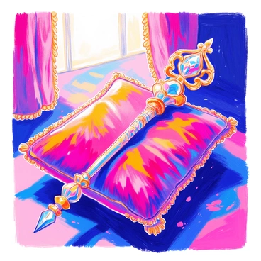 A beautifully ornate scepter is placed on a richly colored velvet cushion. The scepter features intricate patterns and designs that glisten in the light. At its center, a large crystal captures the surrounding light, reflecting various hues. The cushion is deep and plush, enhancing the elegance of the scepter. The setting has a soft, warm glow, emphasizing the luxurious details of the scepter and the texture of the cushion.
