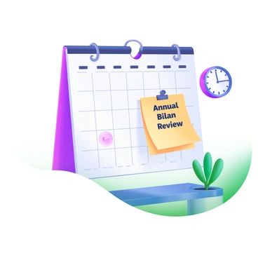 A calendar hanging on a white wall, displaying the current month. The days are clearly marked, and one specific date is circled in red. Adhered to the calendar is a note that reads "Annual Bilan Review" in bold, black letters. The note has a bright yellow background, making it stand out. Nearby, a small clock hangs, showing the time in a clear, modern design. A green plant sits on a shelf beneath the calendar, adding a touch of color to the scene.