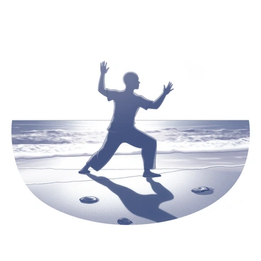 A silhouette of a person performing qi gong is depicted on a beach, facing the setting sun. The figure is in a fluid pose, with arms extended and legs slightly bent, suggesting balance and tranquility. The horizon is visible in the background, with gentle waves lapping at the shore. The sun is low in the sky, casting long shadows and creating a stark contrast against the person’s outline. The beach features fine sand, with small rocks scattered nearby, enhancing the natural setting.