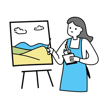 A painter, wearing a blue apron and a white shirt, stands in front of a large mirror. The painter is focused on capturing their own reflection while holding a brush in one hand and palette in the other. In the mirror, a glimpse of the painter's face is visible, showing a look of concentration. Behind the painter, a scenic landscape is partially visible, featuring rolling hills and a bright sky. The easel, holding the canvas, is at the painter's side, displaying the beginnings of the landscape painting.