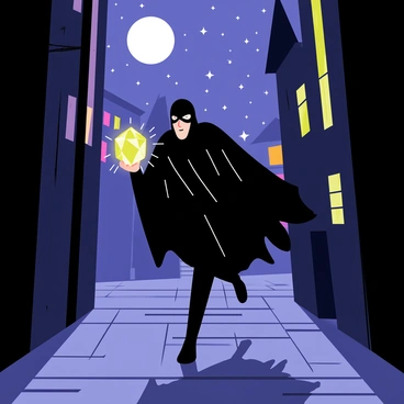 A phantom thief wearing a dark, flowing cape is sprinting through a narrow alley. The thief holds a large, sparkling jewel in one hand, with the moon casting a bright light onto the scene. Shadows stretch across the cobblestone ground, and the night sky is filled with twinkling stars. The thief's mask conceals their identity, adding an air of mystery. Buildings with pointed roofs line the alley, and faint hints of colorful windows glow in the background, creating a contrast with the dark surroundings.