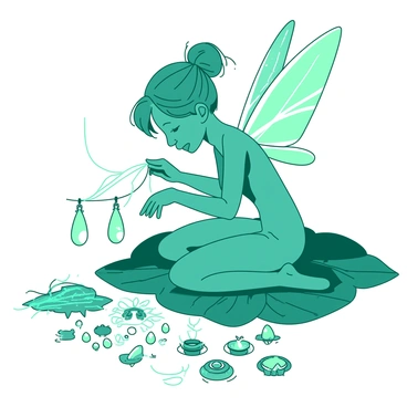 A teal fairy with iridescent wings is seen carefully crafting delicate jewelry using glistening dew drops and fine strands of translucent spider silk. The fairy is sitting on a large green leaf, surrounded by an array of sparkling dew drops that catch the light. Tiny pieces of jewelry, including necklaces and earrings, are laid out beside her, showcasing intricate designs made from the dew drops. The scene captures the fairy's focused expression as she weaves the spider silk with precision, creating a beautiful piece of art.