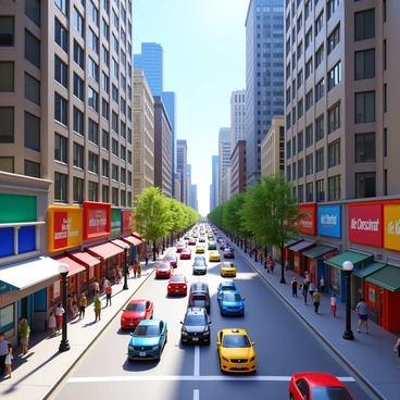 A high perspective view of a bustling street in downtown Chicago. The image captures a crowded urban environment with skyscrapers towering above. Numerous cars and buses are moving along the street, creating a dynamic scene. Pedestrians are walking along the sidewalks, some waiting at crosswalks. Colorful storefronts line the street, showcasing various signs and window displays. Trees and streetlights are interspersed along the sidewalks, adding detail to the cityscape. The sky above is clear, allowing natural light to illuminate the scene.