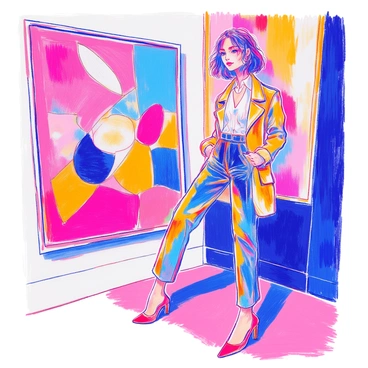 A model is standing gracefully next to a large abstract art piece. The model is wearing a fashionable outfit that includes a fitted blazer and tailored pants, complemented by stylish high heels. The abstract art piece features bold colors and geometric shapes, creating a striking visual contrast. The setting is well-lit, allowing the textures of both the art and the clothing to be clearly visible. The model's confident pose draws attention to the artwork, emphasizing the relationship between fashion and art.