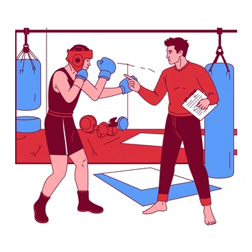 A red amateur boxer is in a training gym, wearing blue boxing gloves and a protective headgear. The boxer has a focused expression while throwing a punch towards a blue punching bag that is swaying slightly. In front of the boxer, there is a trainer, wearing a red tracksuit, who is attentively observing the boxer’s form. The trainer holds a white clipboard with notes and is pointing out a technique adjustment with an encouraging gesture. Behind them, there are various training equipment, including a white exercise mat and red weights.
