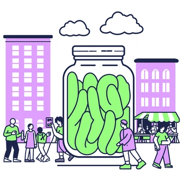 A giant pickle jar is standing prominently in the middle of a bustling city square. The jar is transparent, showcasing a large quantity of bright green pickles inside. Around the jar, a diverse group of people is walking, some stopping to take photos and others chatting. There are benches nearby where a few individuals are sitting and enjoying the lively atmosphere. Tall buildings with large windows surround the square, and colorful market stalls are set up in the background. In the sky above, there are a few fluffy clouds drifting by, adding to the vibrant city scene.