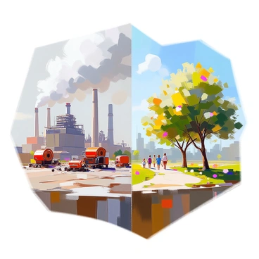 A juxtaposed scene featuring two contrasting environments. On the left side, there is a landscape filled with heavy industrial structures, billowing smokestacks releasing dark smoke into a gray sky. The ground is littered with debris and surrounded by rusty machinery. On the right side, a pristine eco-park lush with greenery flourishes, showcasing vibrant flowers, tall trees, and a clear blue sky. People are enjoying the park, walking along a winding path, while children play on the grass. The stark contrast between the polluted industrial area and the serene eco-park is visually striking.