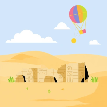 An airship floating gracefully in the blue sky, its colorful balloon filled with hot air. Below, the sandy landscape of a vast desert stretches endlessly, dotted with ancient stone ruins partially buried in the sand. The ruins have crumbling walls and arches, showcasing intricate carvings and hieroglyphs. The sun shines brightly overhead, casting sharp shadows on the ground and illuminating the golden sand. A few scattered cacti and desert plants can be seen around the ruins, adding a touch of green to the scene.