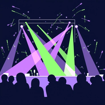 A dynamic scene of a laser light show taking place in a darkened environment. Numerous beams of light are projecting in varying angles and directions, creating intricate patterns that crisscross the space. The beams are sharp and defined, illustrating a complex choreography of light. There are silhouetted figures of an audience in the foreground, watching the display with expressions of fascination. Some beams intersect, forming geometric shapes and lines against the backdrop of darkness. The overall atmosphere conveys excitement and energy as the lights dance and flash rhythmically.