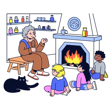 Baba Yaga, an old woman with wild gray hair and a long, crooked nose, sits on a sturdy wooden stool. She wears a tattered dress with earthy colors and a shawl draped over her shoulders. Around her, a group of curious children with wide eyes and eager expressions sit cross-legged on the floor. They are attentive and mesmerized by her tales. The fireplace is crackling with bright orange flames, casting a warm glow on the scene. The walls are adorned with shelves filled with various trinkets and colorful jars. A large black cat lounges nearby, watching the children with interest.