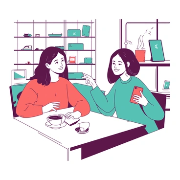 Two friends are sitting at a sleek, modern café table. One friend is holding a shiny red smartphone while the other is reaching out with a teal tablet in hand. The café features minimalist decor, with stylish furniture and large windows allowing natural light to pour in. In the background, there are shelves displaying various tech gadgets and accessories. The friends are smiling at each other, clearly enjoying their exchange. A steaming cup of coffee sits on the table next to them, adding to the cozy atmosphere.