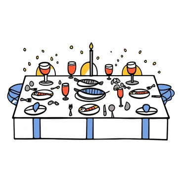 A beautifully arranged dinner party table set with fine china featuring intricate designs. The tablecloth is crisp and white, creating a clean backdrop for the elegant setting. At the center, there are several sardine dishes artistically placed, showcasing silver serving utensils beside them. Each place setting includes a delicate china plate, shining cutlery, and wine glasses reflecting the ambient light. Elegant napkins are folded neatly beside each plate, adding to the overall sophistication of the table arrangement. A soft glow from candles scattered across the table enhances the inviting atmosphere of the dinner party.
