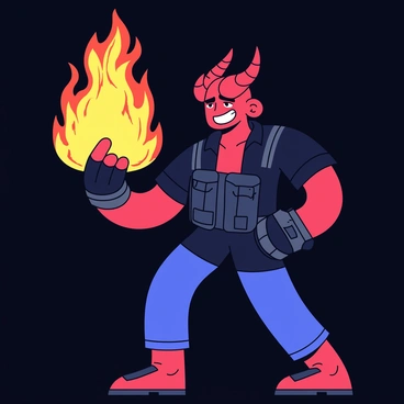 Hellboy summoning flames from his right hand in a dramatic pose.