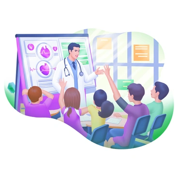 A doctor stands confidently at the front of a bright, colorful classroom, engaged in conversation with a group of enthusiastic students. The doctor is wearing a white lab coat, with a stethoscope draped around their neck, and is gesturing towards a large poster that displays various medical symbols, such as the caduceus and a heartbeat line. The students, a diverse group of boys and girls dressed in casual clothing, sit at their desks, eagerly raising their hands to ask questions. Sunlight streams through the windows, illuminating the scene and creating a warm, inviting atmosphere. The backdrop includes educational posters about human anatomy and health tips.