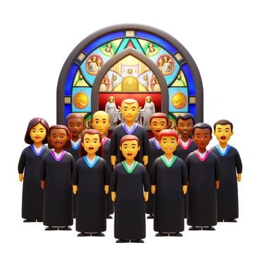 A choir comprised of diverse individuals singing harmoniously. The members are dressed in formal black attire, with some wearing colorful sashes. They are positioned in a semi-circle, facing forward. Behind them, there is a large colorful stained glass window depicting intricate religious scenes and vibrant patterns. The sun shines through the glass, casting a spectrum of colors onto the choir and the floor below. The expressions on the choir members' faces reflect concentration and joy as they perform.