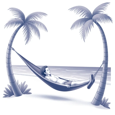 A traveler is lying back in a hammock strung between two palm trees. The hammock is gently swaying in the breeze. The traveler has a relaxed expression, with their eyes closed as they enjoy the tranquility of the surroundings. The tropical island features soft white sand beneath the hammock, and lush green foliage surrounds the scene. In the distance, gentle waves are lapping against the shore, creating a peaceful ambiance. The traveler is wearing casual beach attire, contributing to the relaxed atmosphere of their favorite vacation spot.