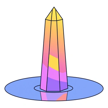 A tall crystal tower with a sleek, geometric design. The surface of the tower reflects vibrant shades of orange, pink, and purple, capturing the colors of the sunset. Surrounding the base of the tower is a calm sea that mirrors the sunset hues. The water is smooth, with gentle ripples adding subtle texture to the scene. The overall composition showcases the tower standing majestically against the colorful sky.