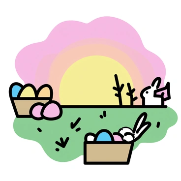 A sunset with vibrant orange and pink hues filling the sky, casting a warm glow over a green field. The field is dotted with various Easter decorations, including colorful painted eggs and a small white bunny figurine. In the foreground, a wooden basket filled with decorated eggs is placed on the grass. The backdrop features a silhouette of distant trees against the colorful sky.
