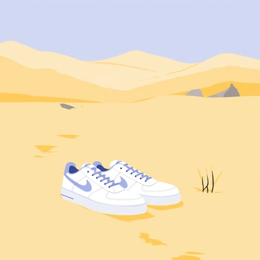 A pair of white Air Force 1 sneakers positioned in the center of the image, leaving distinct footprints in the golden desert sand. The sneakers have a clean design with a subtle shine and visible laces. The desert landscape features gentle dunes in the background, with a few scattered rocks and tufts of dry grass. The sky above is a clear blue, adding contrast to the warm tones of the sand.