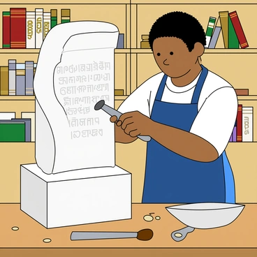 An artist with medium skin tone and short black hair is focused on creating a sculpture. The sculpture is made of smooth white marble, showcasing intricate Tamil inscriptions carved into its surface. The artist is wearing a blue apron over a simple white shirt, and they are using a small chisel and hammer to add fine details to the sculpture. Around the artist, there are various sculpting tools scattered on a wooden workbench, including brushes and a dustpan. The background features shelves filled with books on art and sculpture.