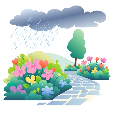 A lush garden filled with a variety of flowering plants and vibrant green foliage is depicted in the foreground. The sky above is covered with dark, ominous clouds, creating a contrast with the colorful flowers below. Raindrops are beginning to form on the petals of the blossoms, signaling the imminent arrival of a refreshing rain. The garden path, made of cobblestones, is slightly damp, and small puddles are forming in low areas. In the distance, a tall tree stands with its leaves rustling in the wind, adding to the anticipation of the rain.