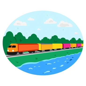 A cargo train traveling on tracks beside a river on a rainy day with raindrops creating ripples