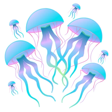A group of jellyfish floating gracefully in water. Each jellyfish has a translucent body with a dome-shaped bell that glows softly. Their long, flowing tentacles are adorned in vibrant gradient hues, transitioning from deep blue at the top to bright pink and yellow at the tips. Light filters through the water, casting dappled reflections on the jellyfish and creating an ethereal underwater scene. Some jellyfish are larger, while others are smaller, adding depth to the composition.