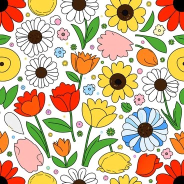 A seamless pattern filled with a variety of colorful flowers, including tulips, daisies, and sunflowers. Each flower has distinct shapes and vibrant hues, such as bright reds, yellows, and blues. The flowers are arranged closely together, creating a rich tapestry of blooms with different sizes and orientations. Interspersed among the flowers are green leaves and small buds, adding depth and contrast to the pattern. The overall design flows effortlessly, ensuring it is ideal for fabric design.