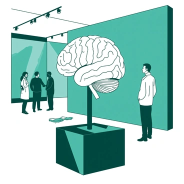 A marble sculpture of a brain displayed in a modern art gallery