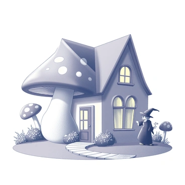 A house built in the shape of a large mushroom, featuring a rounded cap and a thick, sturdy stem that serves as the main entrance. The mushroom cap is adorned with whimsical windows, each shaped like small semicircles, with curtains fluttering gently in the breeze. A winding path made of cobblestones leads to the front door, which is slightly ajar, revealing a glimpse of the interior. Surrounding the house, there are lush, oversized mushrooms and flowering plants that add to the enchanting atmosphere. In front of the house, a quirky witch stands, wearing a pointed hat and a flowing robe, with a playful expression on her face, as she tends to her magical garden.