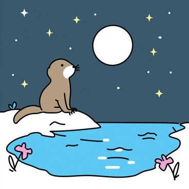 Une loutre, assise sur la berge, regarde la pleine lune reflétée dans un étang tranquille. La loutre, avec un pelage brun luisant, fixe attentivement le reflet argenté de la lune sur l'eau. Les ripples légers créés par une brise douce se déplacent à la surface de l'étang, tandis que des herbes vertes et des petites fleurs encadrent la scène. Le ciel est profond, parsemé d'étoiles brillantes qui complètent l'ambiance nocturne.
