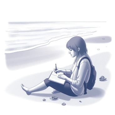 A traveler sitting on a sandy beach. They have a notebook open on their lap, with a pen poised in one hand, ready to write. The traveler is wearing casual, comfortable clothing, and has a thoughtful expression as they reflect on their journey. In the background, gentle waves are lapping against the shore, and the horizon stretches out into the distance. Small seashells and bits of driftwood can be seen scattered around the beach area. The scene captures a moment of quiet reflection amidst a peaceful coastal environment.