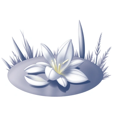 Petals of a gladiolus flower are gently floating on the still surface of a pond. The petals are softly curved, showcasing their intricate textures and delicate shapes. Surrounding the pond, there are tall grasses and foliage, subtly framing the scene. The water's surface is smooth, reflecting the shapes of the petals and the surrounding natural elements.