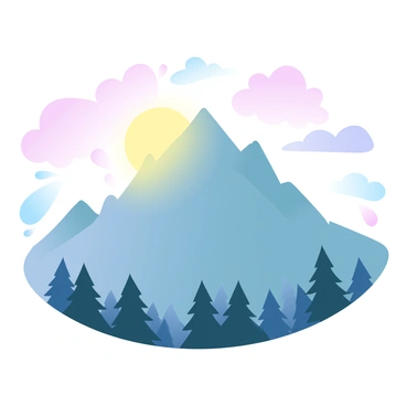 A mountain peak is silhouetted against a vibrant sunrise. The sky is filled with gradient pastel colors, transitioning from soft pinks to warm yellows and gentle blues. The sun is just above the horizon, casting a golden light that illuminates the rugged mountain surfaces. Wispy clouds reflect the sunlight, creating an ethereal atmosphere. In the foreground, there are silhouettes of pine trees framing the base of the mountain, adding depth to the scene.