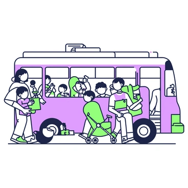 A crowded bus filled with families and children. In the front section, there is a family with a toddler in a bright stroller, next to them a child is holding a snack bag with colorful snacks. To the right, a mother is sitting next to her young daughter who is eagerly munching on a cookie. In the middle aisle, another family is managing two strollers, one set up for a baby and another for an older child. Various children are seated, enjoying snacks, while parents watch over them, creating a lively atmosphere throughout the bus.