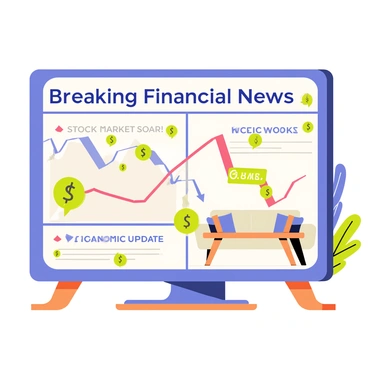 A 3D television screen displaying breaking financial news with headlines and graphs