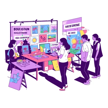 An artist stands proudly in front of their booth at an art fair, displaying a collection of vibrant paintings. The booth is adorned with colorful banners that highlight the artist's name and recent grant achievement. Various artworks hang on a backdrop, showcasing a mix of styles and themes, surrounded by an array of art supplies on a table. The artist interacts with visitors, discussing their process, while a few captivated spectators examine the paintings closely. Bright lights illuminate the space, creating an inviting atmosphere.
