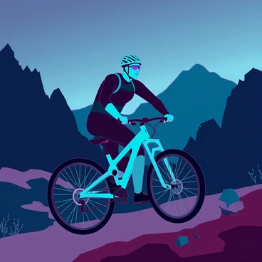 A mountain biker in a dynamic pose, with a focused expression, riding swiftly on a rugged trail. The biker's silhouette is sharply defined against a dark valley landscape, with jagged mountains and distant hills fading into shadow. The terrain includes rocky outcrops and sparse vegetation, enhancing the sense of elevation and adventure. The sky above is a deep, muted color, suggesting twilight. The contrast between the biker and the valley creates a striking visual impact.