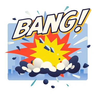 A dynamic comic book panel captures a large, fiery explosion in the center. The explosion is radiating bright orange and yellow flames, with clouds of black smoke billowing outward. In the foreground, pieces of debris are being thrown into the air by the force of the blast. "BANG!" is prominently displayed in bold letters across the top of the panel, with a slight distortion effect to emphasize the impact of the explosion. The background features scattered shards of glass and a silhouette of a cityscape at the edges, adding depth to the scene.