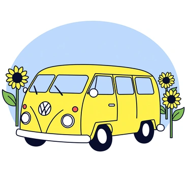 A classic VW bus in a vibrant yellow color is driving through a field filled with tall sunflowers. The bus has its windows down, and the sunlight reflects off its shiny surface. Surrounding the bus, the sunflowers stand tall with bright yellow petals and dark centers, swaying slightly in the breeze. The sky above is a clear blue, adding to the cheerful atmosphere of the scene.