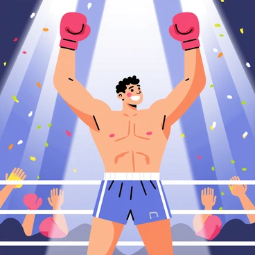 A victorious boxer with a muscular build stands in the center of the ring, raising their arms in celebration. The boxer is wearing red boxing gloves and blue shorts with a white stripe. Bright spotlights illuminate the scene, casting shadows on the canvas. Confetti falls from above, creating a festive atmosphere. The crowd in the background is cheering, with some fans holding up signs in support. The boxer's face shows a wide smile of triumph and relief.