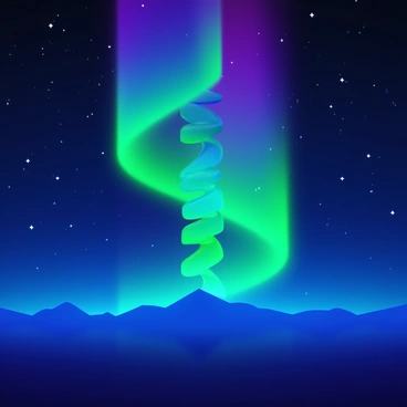An aurora borealis in the night sky displaying vibrant green, purple, and blue colors. The lights form intricate patterns representing genetic sequences, resembling a double helix and other molecular structures. The background features a dark starry sky, enhancing the brightness of the aurora. Silhouettes of distant mountains can be seen at the horizon beneath the glowing display.
