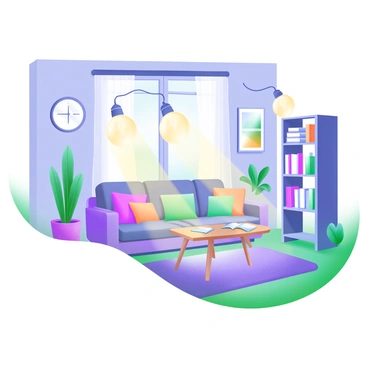 A cozy living room featuring a comfortable sofa with colorful cushions and a stylish coffee table. The room is illuminated by several "energy-efficient LED bulbs" casting soft light around the space. A large window allows natural light to filter through sheer curtains. On the walls, there are framed pictures and a clock. A plush rug lies on the floor, and a few houseplants are positioned in the corners, enhancing the inviting atmosphere. A small bookshelf filled with books is placed against one wall.