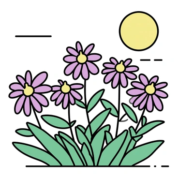 Echinacea flowers with purple petals and prominent cone-shaped centers, arranged in clusters. The flowers are softly illuminated by warm moonlight, creating gentle shadows on the ground. The background is filled with lush green leaves, enhancing the vibrant colors of the flowers. The scene is set during a calm summer night, evoking a peaceful atmosphere.