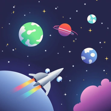 A vibrant scene depicts a vast space filled with deep blues and purples. Several large planets of varying colors are scattered throughout the image. One planet is bright green with swirling clouds, another is deep red with rings, and a third planet is a pale blue with white polar caps. Numerous twinkling stars of different sizes are sprinkled across the dark background, creating a sense of depth. In the foreground, a sleek silver spaceship is flying towards the viewer, with its engines emitting a soft glow. The spaceship has a streamlined design, and colorful trails of light follow in its wake.