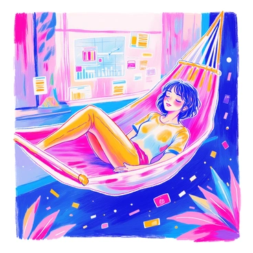 A person is lying comfortably in a digital hammock made of translucent material that resembles pixels. The hammock is suspended in mid-air, with a serene expression on the person's face. Around them, various floating data visuals are present, including graphs, binary code, and colorful diagrams. The visuals are semi-transparent and have a glowing effect, creating a futuristic atmosphere. The person's clothing is casual, and they have short hair. The scene conveys a sense of relaxation amidst the digital elements.