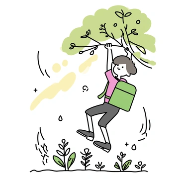 A hiker, wearing a green backpack and a red t-shirt, is performing pull-ups on a sturdy, low-hanging tree branch in a wooded area. The hiker has short brown hair and is focused on the exercise. Sunlight filters through the leaves, casting dappled shadows on the ground. Various shades of green surround the scene, with ferns and wildflowers growing at the base of the tree. The hiker’s hiking boots are visible, firmly planted on the ground, adding to the sense of outdoor activity.