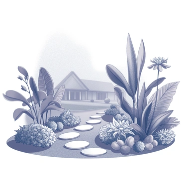 A garden setting featuring a variety of exotic plants with intricate leaf patterns and textures. The scene includes several types of foliage, ranging from large, broad leaves to delicate, fern-like plants. There are unique flowers with intricate shapes and details scattered throughout the garden. A stone pathway winds through the garden, leading the eye deeper into the lush greenery. In the background, a traditional Balinese structure can be seen partially obscured by the flourishing plants.