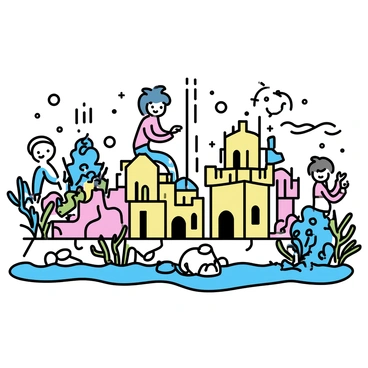 A vibrant underwater city, featuring buildings made of colorful coral arranged in intricate designs. The structures have various shapes and sizes, some resembling ancient architecture while others are more organic in form. Swirling seaweed gardens surround the buildings, with various types of sea plants swaying gently with the water current. Merfolk, with shimmering scales and flowing hair, swim gracefully among the coral, some playing, while others gather around communal spaces. Soft beams of light filter through the water, illuminating the scene with a magical glow.